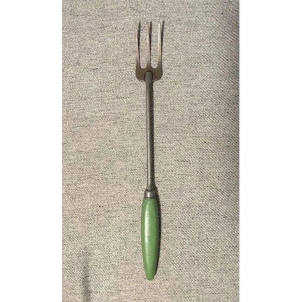 Vintage A&J USA 3 Tine Kitchen Fork Green Wood Handle Meat BBQ Cooking Utensil